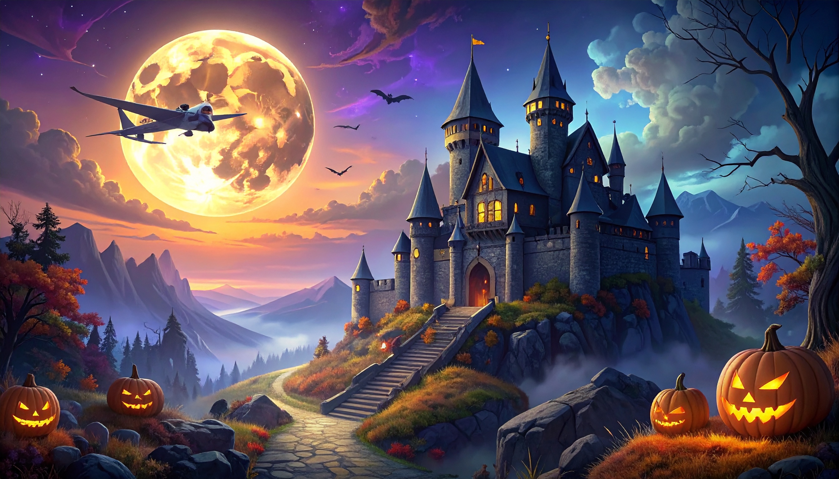 castle and airplay on spooky background