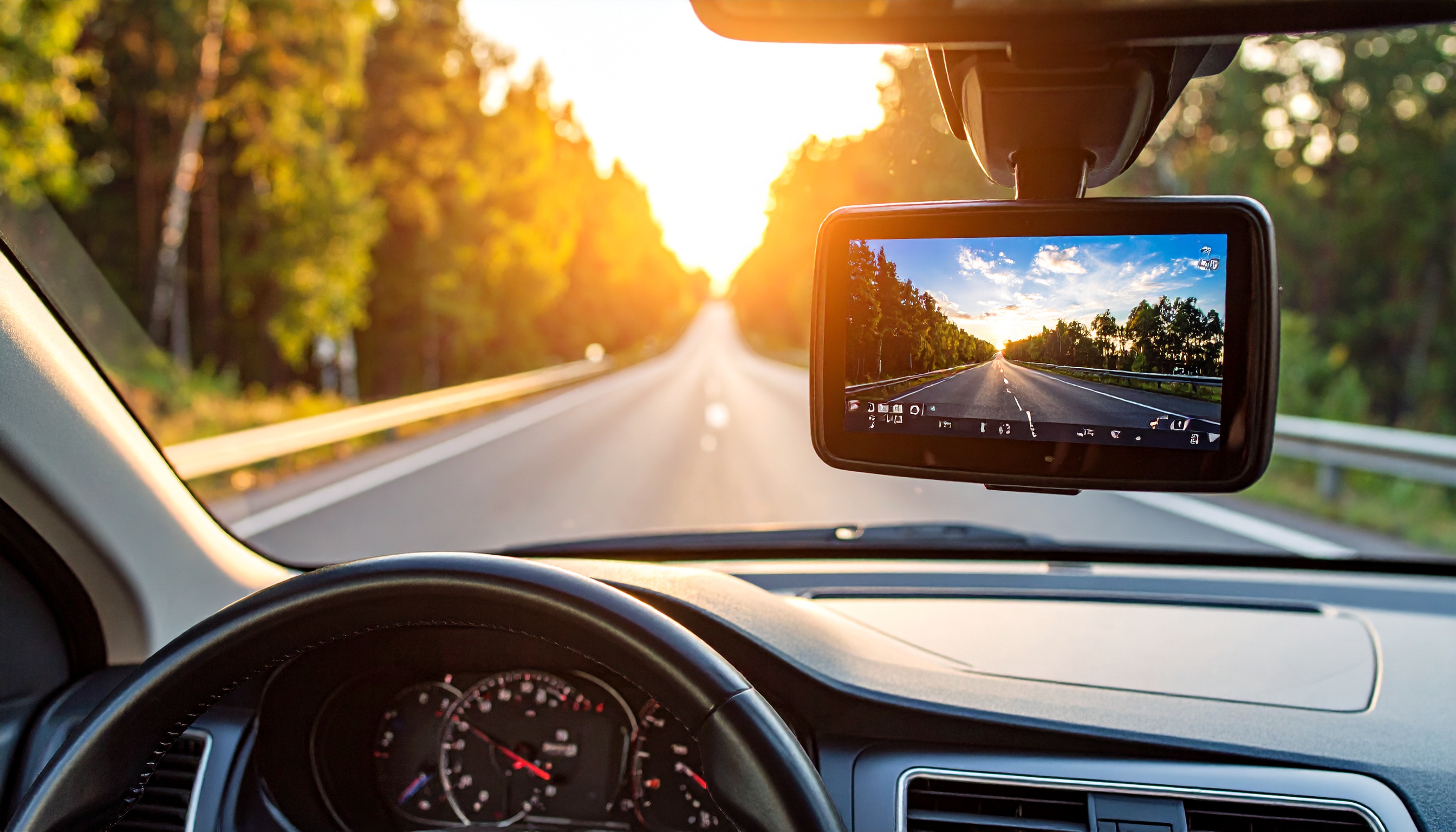 A dashcam mounted on a car dashboard