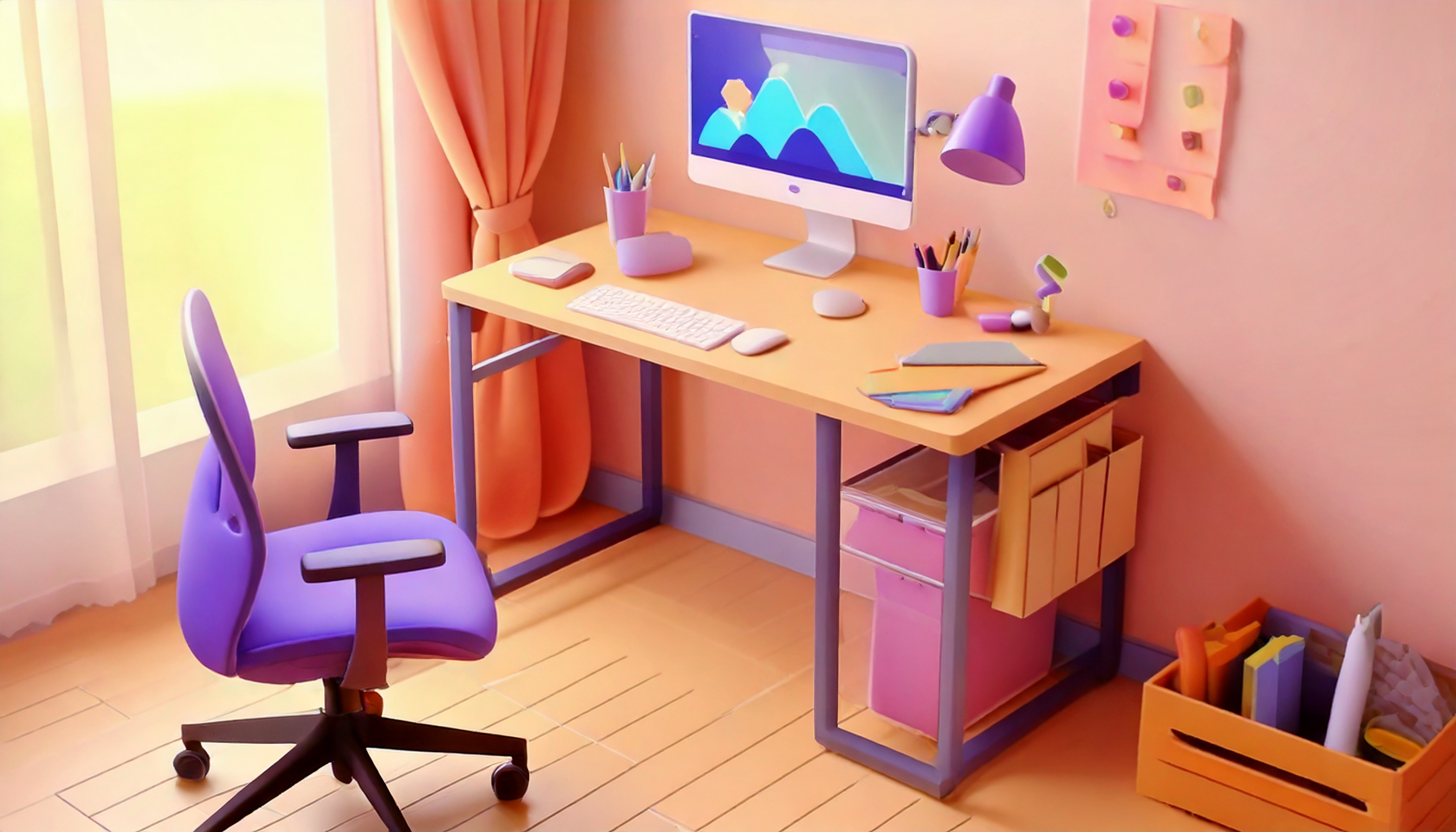 Configuración de oficina en casa asequible con escritorio compacto, silla y elementos básicos de trabajo

