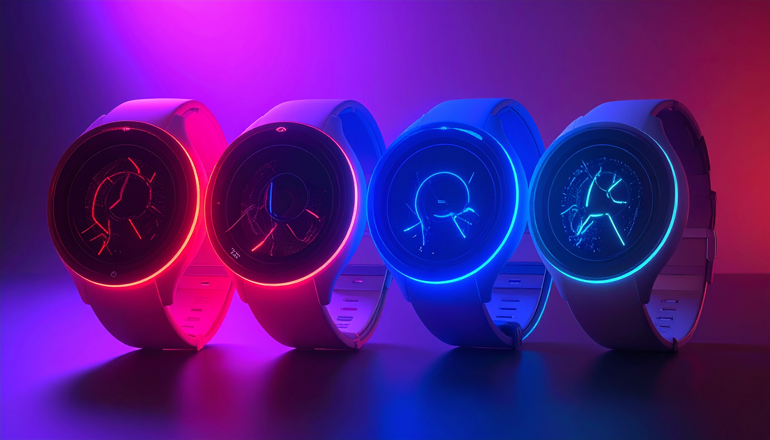 Três smartwatches fitness de topo exibindo frequência cardíaca e estatísticas de atividade

